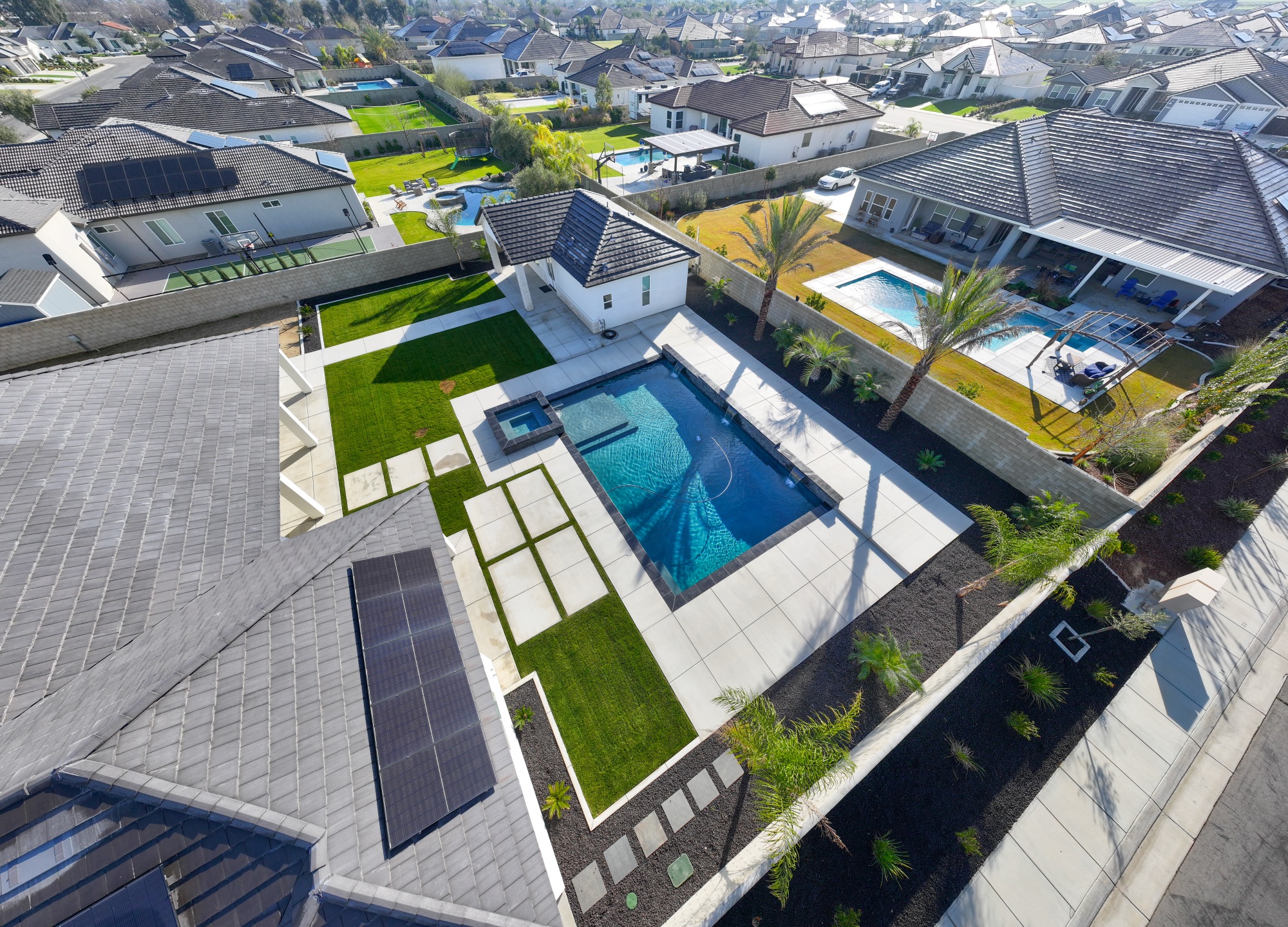 Aerial view of custom gunite pool with spa and solar — Bakersfield, CA